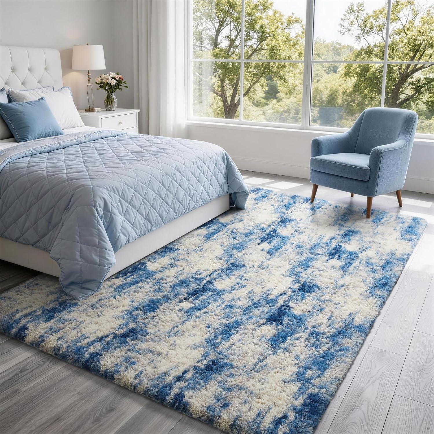 Ophanie Area Rug - Fluffy Shag Soft Carpet for Living Room | 6x9 Blue, White & Grey Design