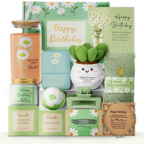 Uongeod Birthday Gifts for Women Her Teen Girls，11PCS Birthday Basket for Women Green Happy Birthday Gift Box for Mon Wife Daughter Aunt Sister Best Friend Coworkers