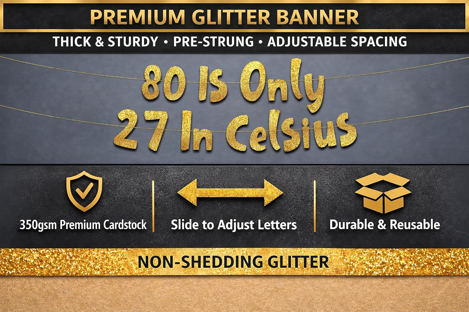 Pre-Strung 80 Gold Glitter Banner | 80th Birthday Decorations for Men & Women - Perfect Party Supplies