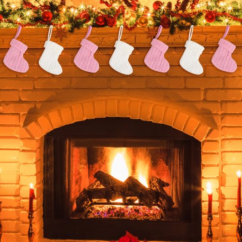 CCINEE 12Pack Mini Christmas Stockings, Pink and White Knitted Xmas Stocking Small Knit Hanging Stocking Decoration for Holiday Home Wall Fireplace Christmas Tree Decor