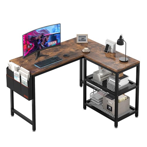VECELO 49 Inches L Shaped Desk, Computer Desk with Storage Shelves & Bag, Corner Desk Home Office Desks, Writing Desk Study Desk with Metal Frame, Rustic Brown
