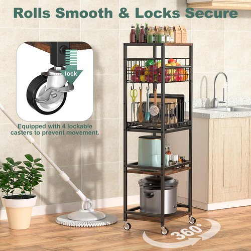 Housolution 5 Tier Kitchen Rolling Cart, Storage Cart with Metal Fruit Vegetable Basket and Pull-Out Pot Lid Cutting Board Organizer, Storage Rack with Wooden Top for Kitchen, Pantry, Bathroom