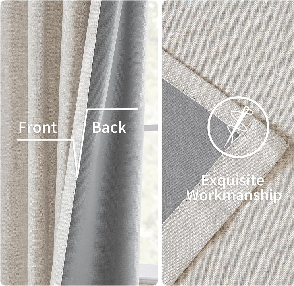 MIULEE 100% Blackout Curtains - Linen Pinch Pleated Thermal Insulated Drapes, 92 Inch Long, Beige & Greige, 2 Panels Set