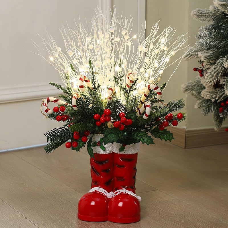 Christmas Santa Boot Vase with Tree & Candy Cane Lights - 25 Inch Decor