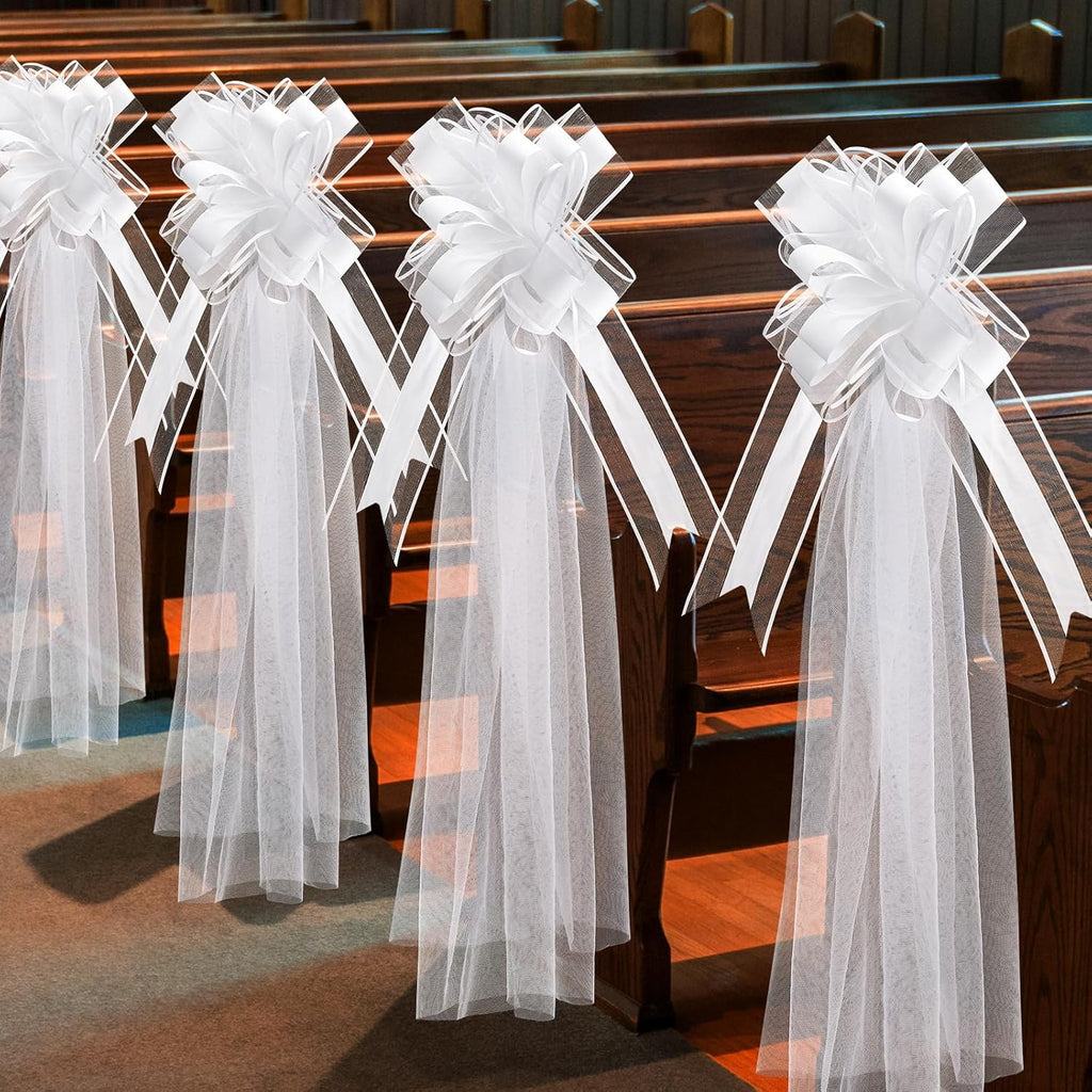 Skiennix 12 Set Large Wedding Pew Bows - Elegant White Tulle Tails for Aisle & Car Decorations