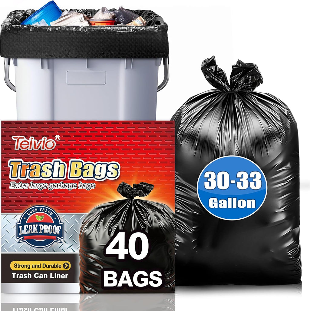 Teivio Large Black Trash Bags - 30-33 Gallon | 40 Count All-Purpose Garbage Liners for Home & Office