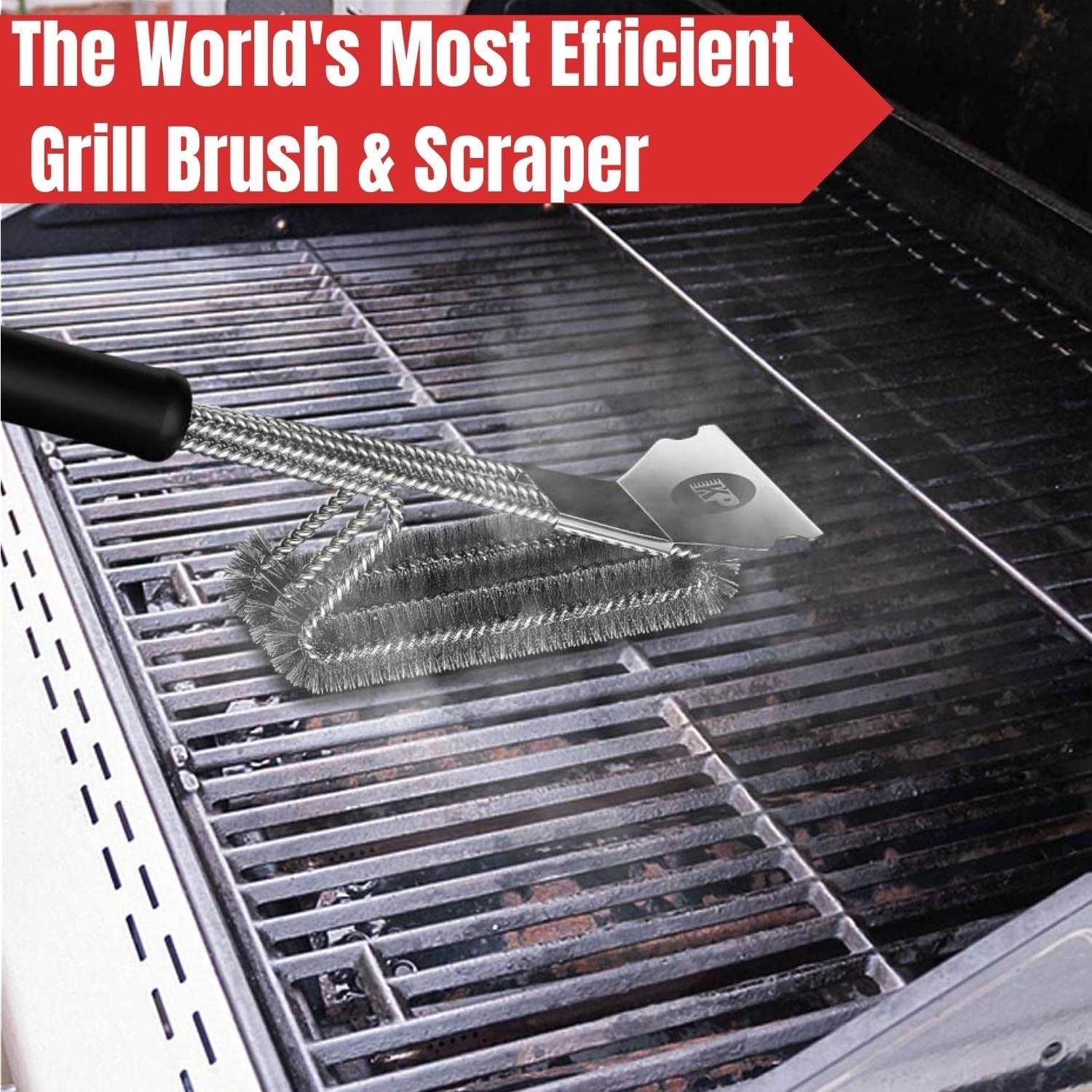 **KITCHEN PERFECTION Grill Brush - Safe Wire BBQ Cleaner with Scraper & Mat | Extended Handle for Easy Use**