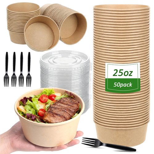 Retainbre 50 Pack 25 Oz Paper Bowls Disposable Soup Bowls with Lids and Forks To Go Salad Containers for Hot Cold Food Meal Prep Party Serving