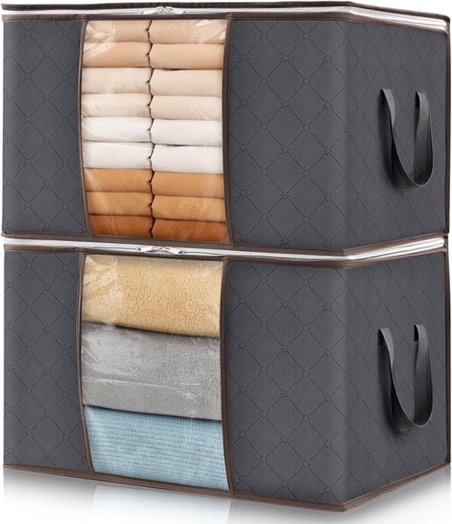 Lifewit 60L Clothes Storage Bins - Foldable Blanket Bags with Clear Window & Zippered Lids | 2-Pack