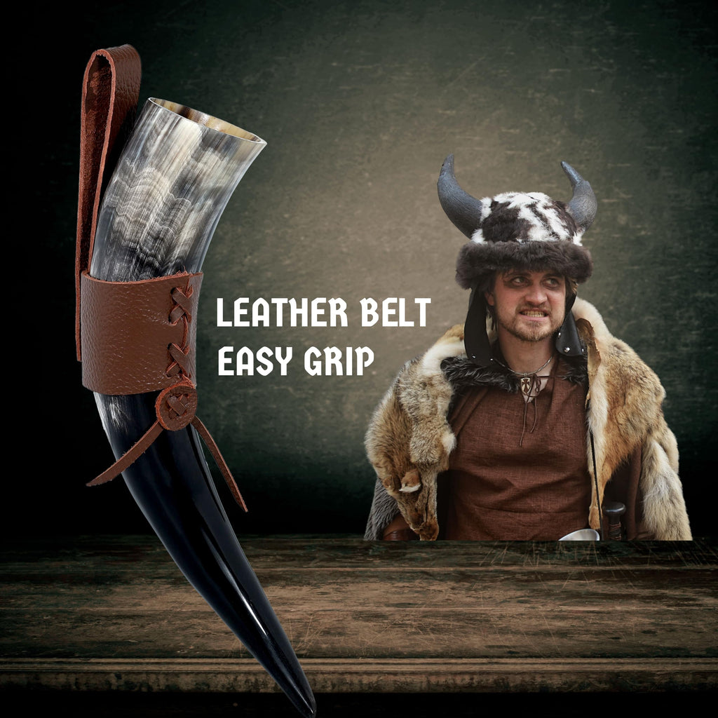 Drinking Horn — 10-12 Inch Viking Gifts for Men & Women | With Thor Bottle Opener & Stand | Handmade & Real Ox Horns | Norse Viking Cup Perfect For Beer, Ale, Mead (12 Oz) (Natural Polished)