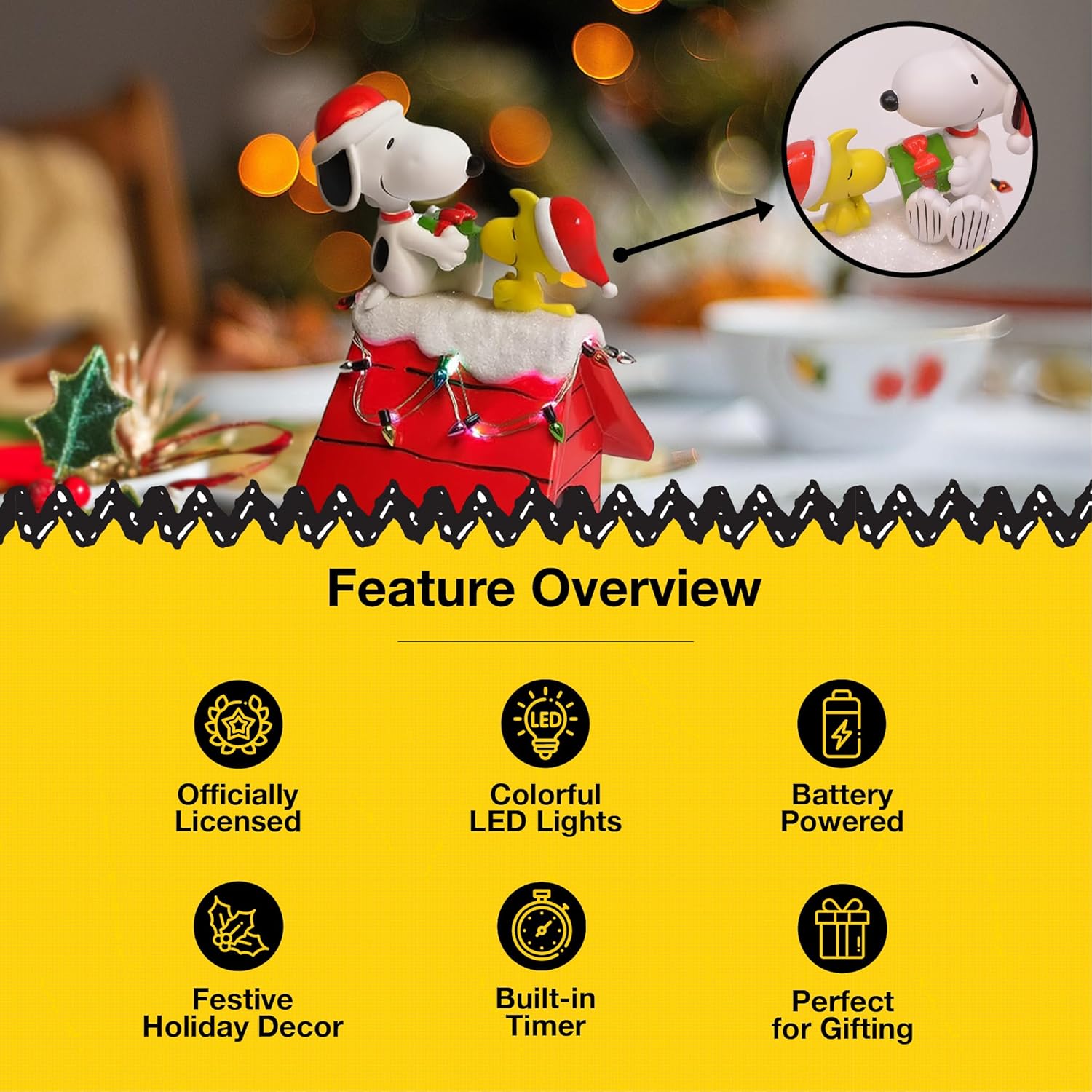Mark Feldstein Peanuts Snoopy's Dog House Figurine - LED Christmas Lights | 7.5 Inch, Red