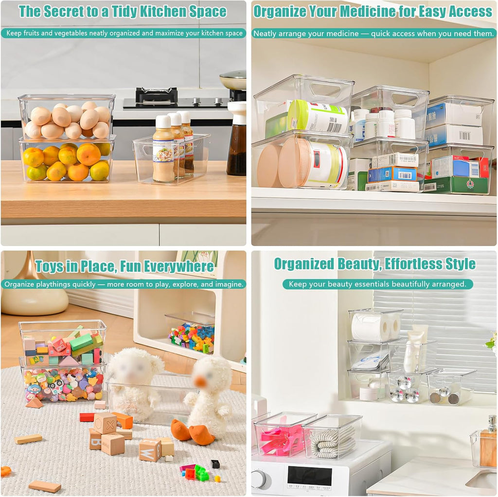 Skiennix 6 Pack Clear Storage Bins - Stackable Acrylic Craft Containers with Lids & Handles | Ideal for Kitchen & Office Organization