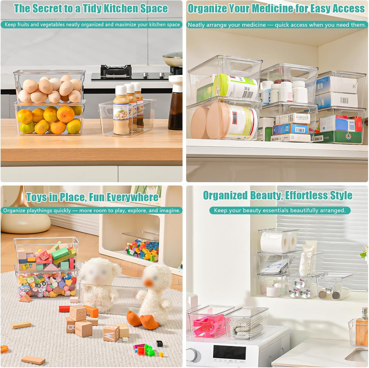 Skiennix 6 Pack Clear Storage Bins - Stackable Acrylic Craft Containers with Lids & Handles | Ideal for Kitchen & Office Organization