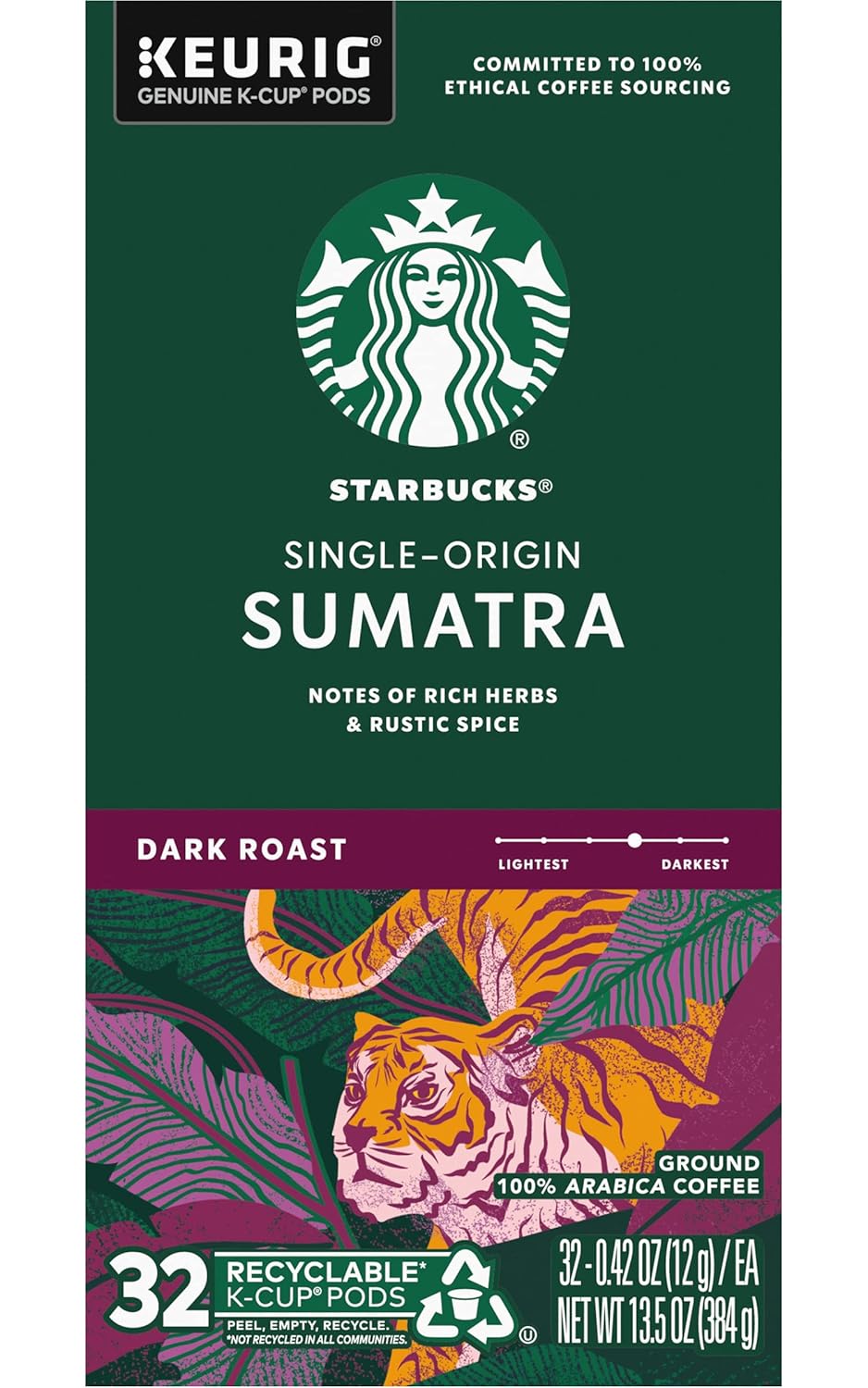 Starbucks K-Cup Pods - Sumatra Single-Origin Dark Roast Coffee | 32 Count (Pack of 4)