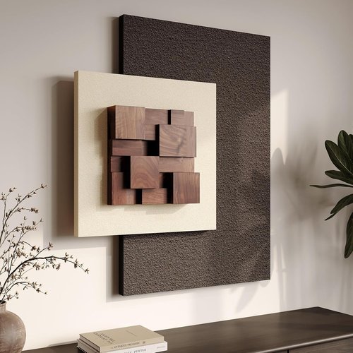 3D Wood Textured Wall Art - Modern Beige & Brown Abstract Geometric Design | Large Minimalist Decor for Living Room, Bedroom, Office