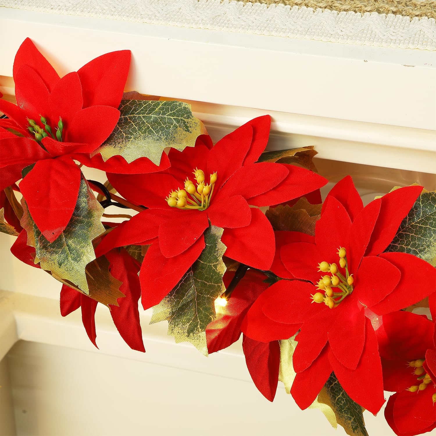 Glintoper 2 Pack Christmas Poinsettia Garland, 5.9 FT Lighted Artificial Garlands with 36 Red Flowers, Battery Operated with Timer Poinsettia String Lights, Light up for Xmas New Year Home Decor