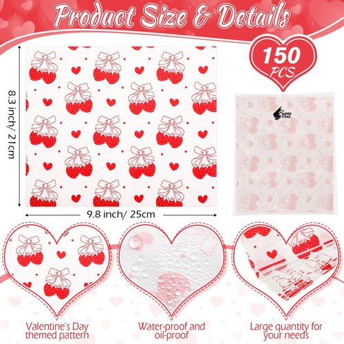 Supervitae 150 Pcs Valentine Wax Paper Sheets for Food Baking Sandwich Wrapping Tissue Heart Parchment Paper Greaseproof Waterproof Basket Liners for Picnic Valentine Party Favors(Strawberry Bow)