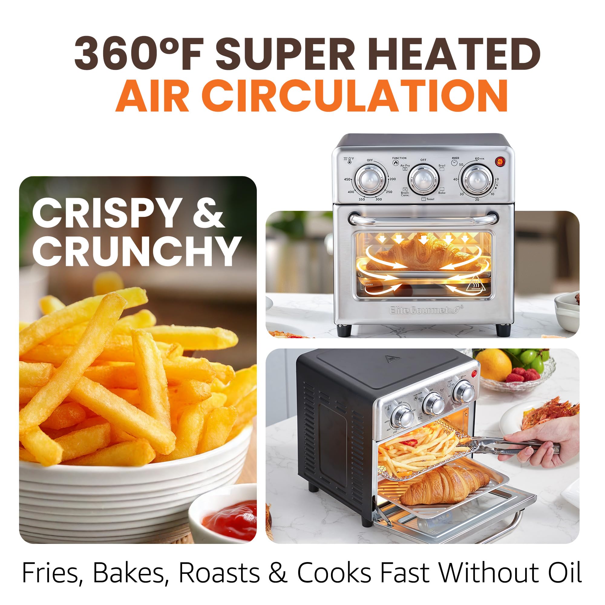 Elite Gourmet Compact 8.5Qt Air Fryer Oven – Mini Countertop Air Fryer with Adjustable Time & Temperature Controls, 800W, Includes Air Fry Basket, Bake Pan & Recipes, Stainless Steel