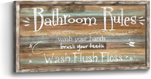 Framed Bathroom Wall Art - Funny Bath Rules Wooden Sign | Rustic Decor for Home & Kids Room