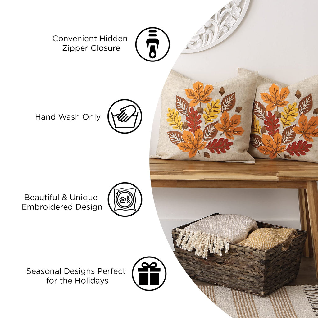 DII Decorative Holiday Throw Pillow Cover Collection, Ornate Embroidered Decorative Accents, 18x18, Falling Leaves, 2 Piece