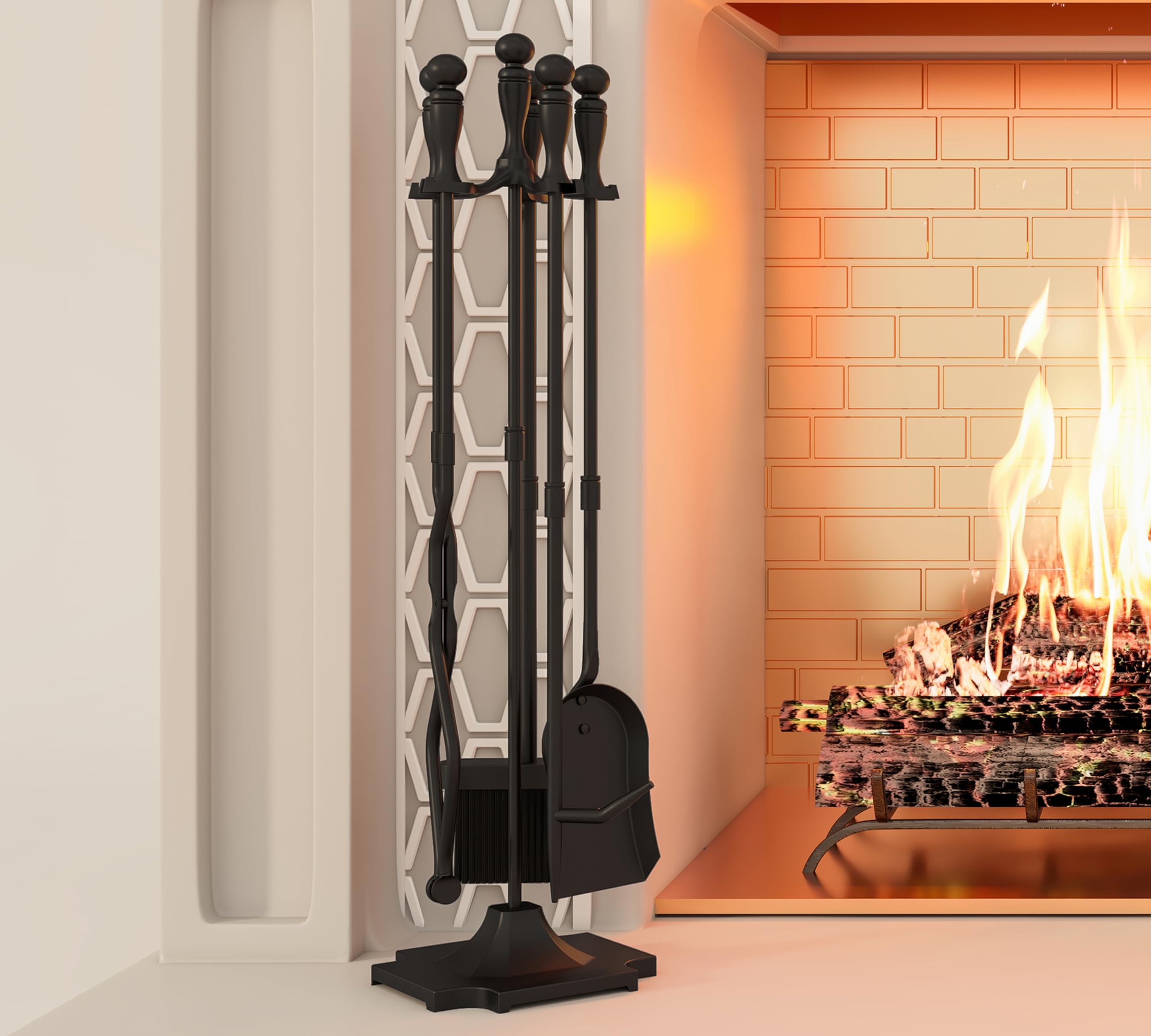 Kingson 5 Pcs Fireplace Tools Sets Heavy Duty Wrought Iron Large Fire Tool Set and Holder Outdoor Fireplace Tools Black