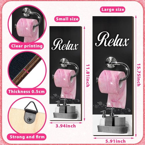 Honoson Bathroom Decor Wall Art - 4 Pcs Farmhouse Signs for Relaxation | Black & Pink