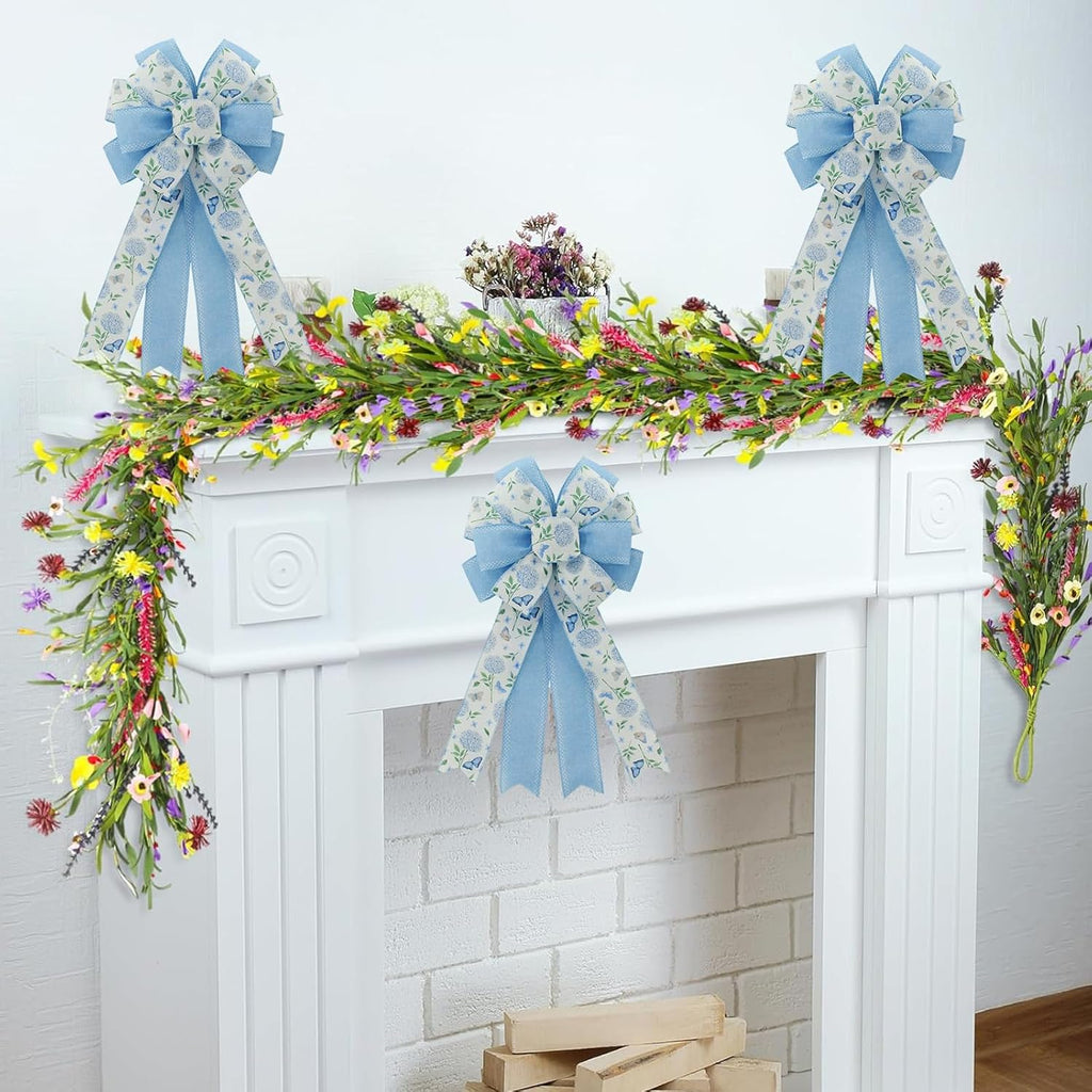 Skiennix 20.87-Inch Large Spring Bows - Blue Hydrangea & Butterfly Burlap Ribbon for Easter Decor | Indoor/Outdoor Use