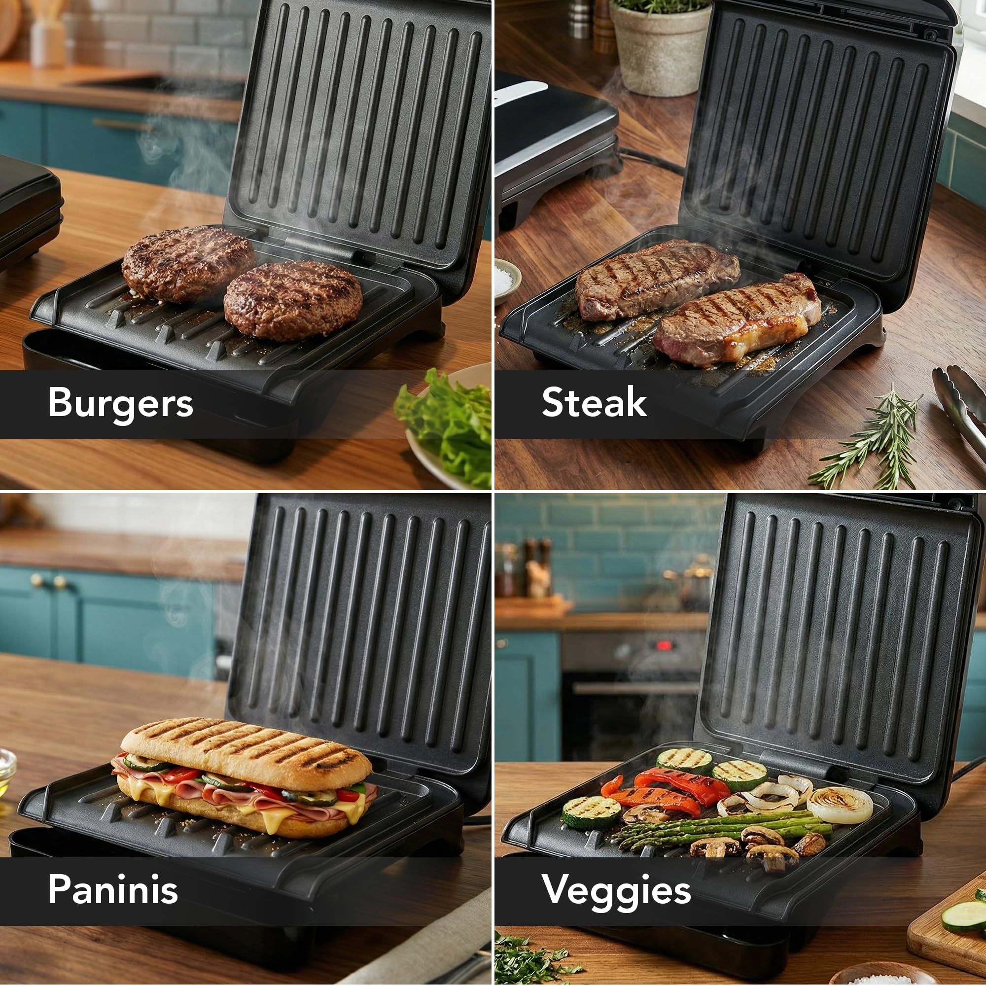 OVENTE 2-Serving Electric Indoor Grill & Panini Press with Easy Clean Non-Stick Plate Coating, Opens 180 Degrees, 8.15" x 7.4" Space Saving Design, 750W Contact Grill for Burgers & More, Black GP222B