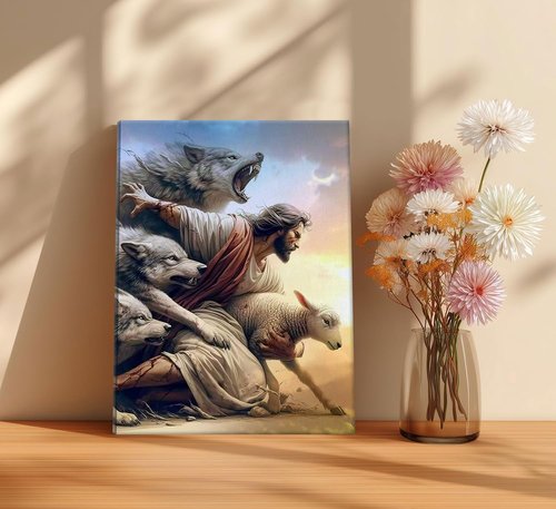 Jesus And Lamb Wall Art - Inspiring Jesus Saves The Lost Lamb Painting | Perfect Decor for Living Room, Bedroom, Church