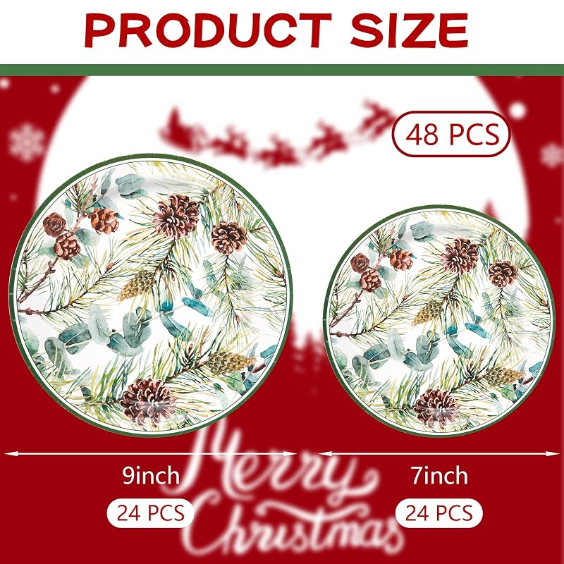 Pine Cones Christmas Dinner & Dessert Plates 48ct - Eucalyptus, Winter Greenery 7in & 9in (Variation: Pine Cones)