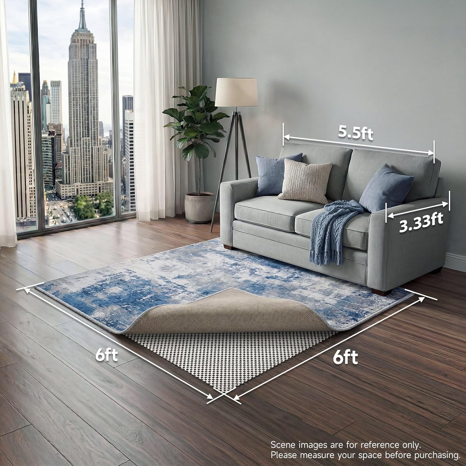 Veken Non-Slip Rug Pad Gripper - 6x6 Ft Thick Area Rug Mat for Hardwood & Tile Floors