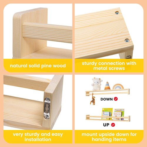 Fun Memories Nursery Book Shelves - Rustic Solid Wood Floating Bookshelf for Kids - 32-Inch Natural Wall Shelves (Set of 2)