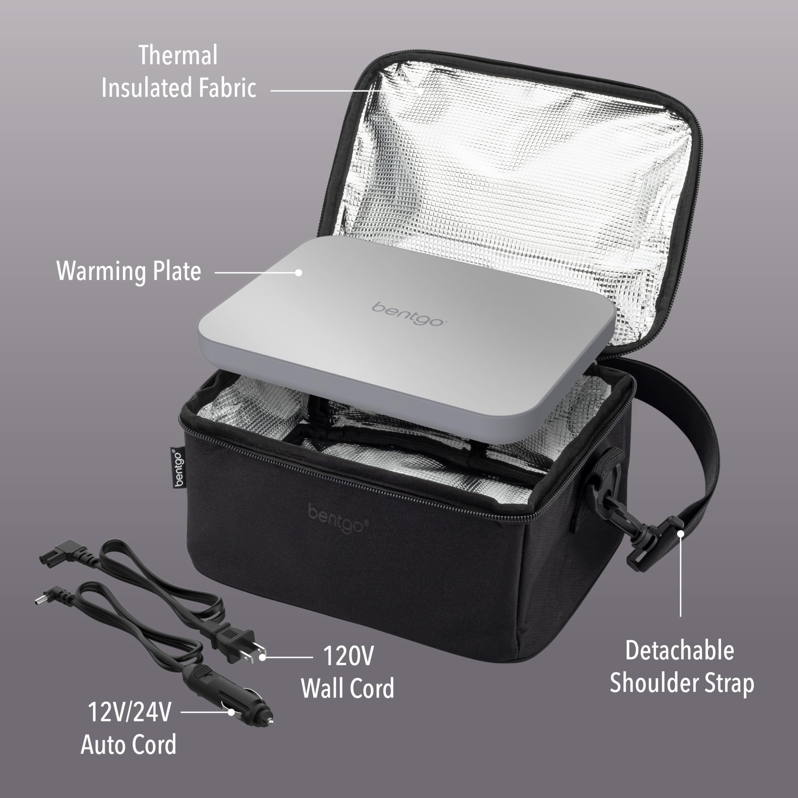 Bentgo Heat - Electric Lunch Bag & Food Warmer for Reheating Meals in Car, at Work & More - Heated Lunch Box Warmer for Adults, Students & Shift Workers, 12V/24V Auto & 120V Wall Cords (Carbon Black)