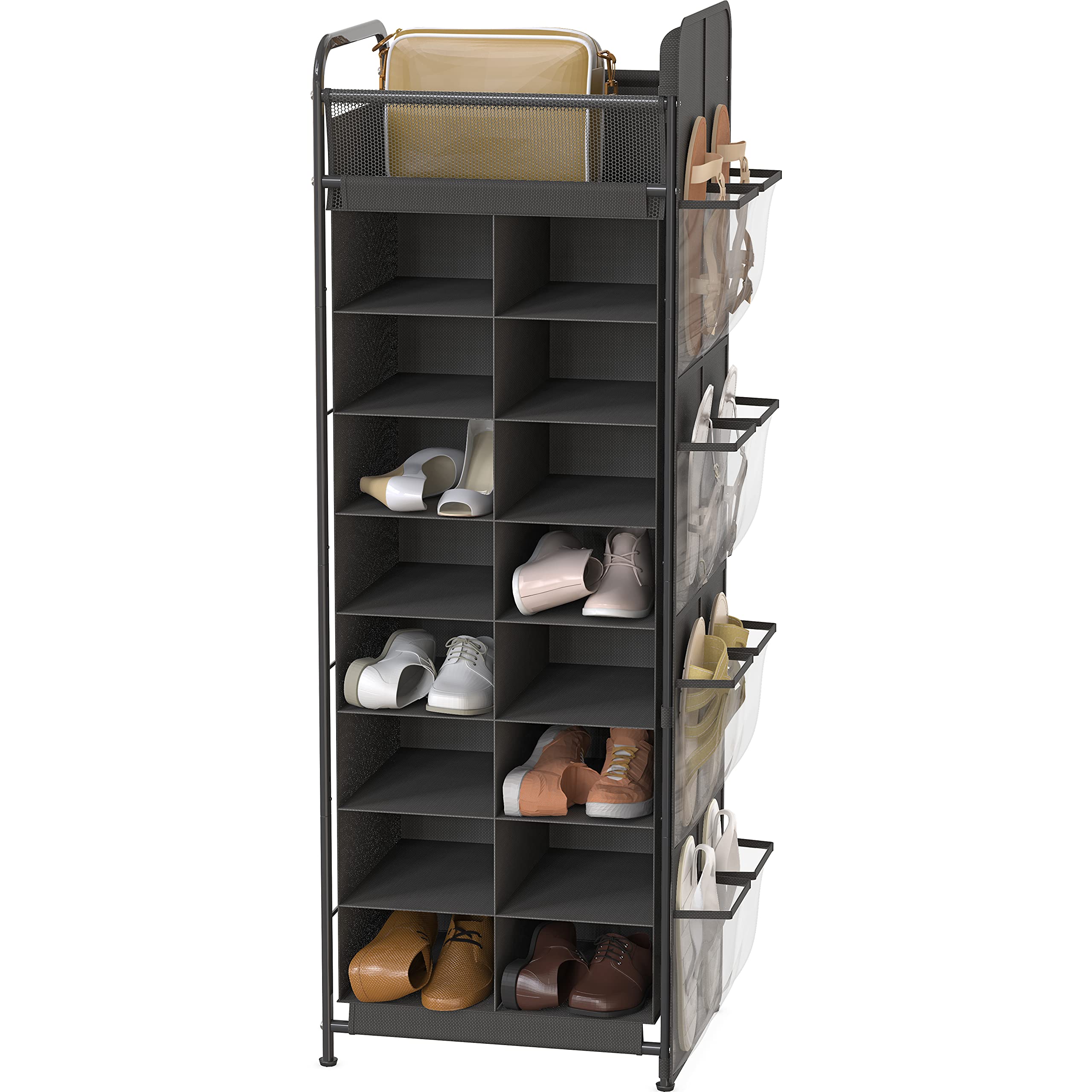 Simple Houseware 16 Cube Shoe Stand Tower Rack 8 Tier with Top Shelf and Side Hanging Pockets, Dark Gray