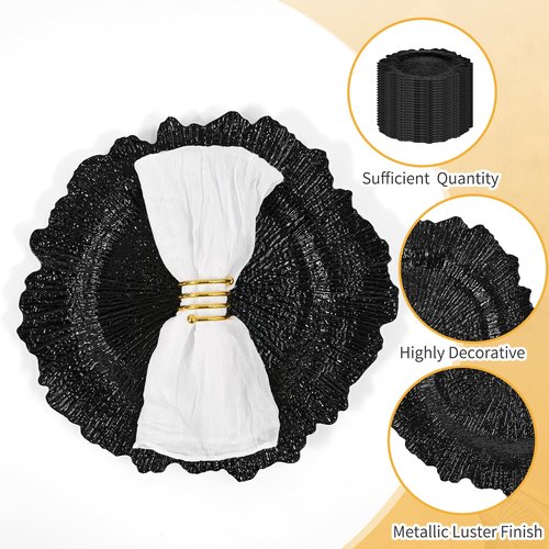 24 Pcs Black Charger Plates Bulk 13 Inch Plastic Charger Plates for Dinner Plate, Black Chargers for Table Setting, Reef Design Plate Floral Decorative Round Chargers for Wedding Party, Event