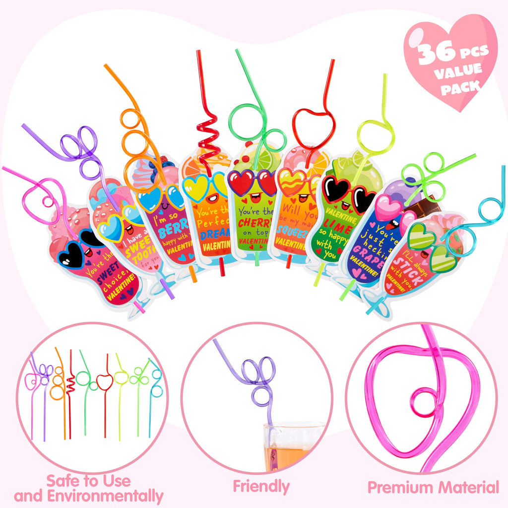 JOYIN 36 Pack Valentines Day Gift Cards with Colorful Loop Reusable Drinking Straws for Kids Valentine Party Favor, Classroom Gift Exchange, School Prizes