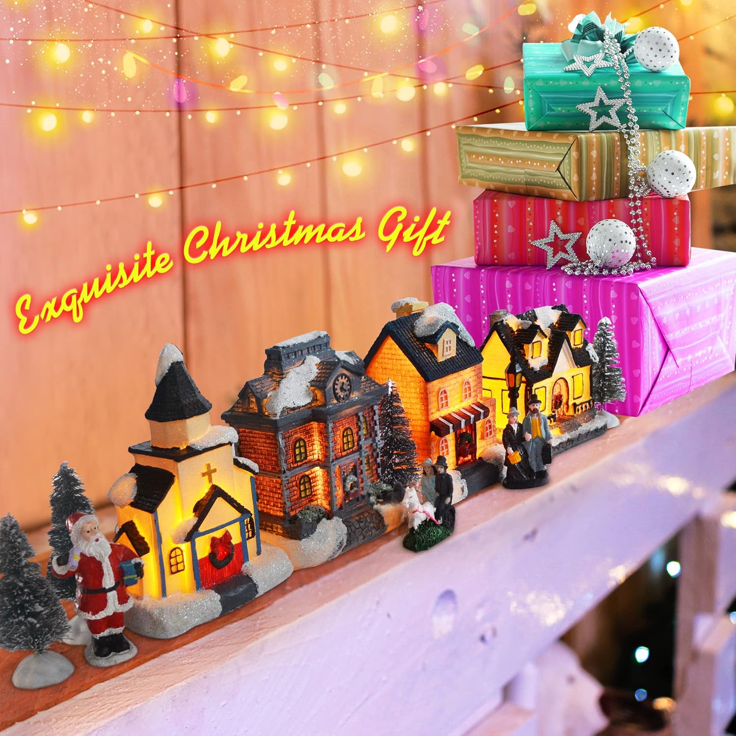 Skiennix Christmas Village Set | LED Lighted Houses with Figurines | Collectible Indoor Decor
