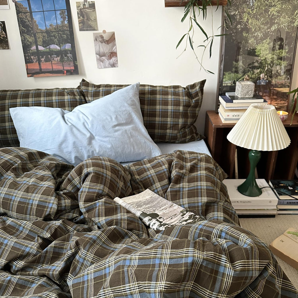 Mixinni Vintage Buffalo Plaid Duvet Cover Set - Soft & Breathable 3-Piece Queen Bedding in Brown & Blue