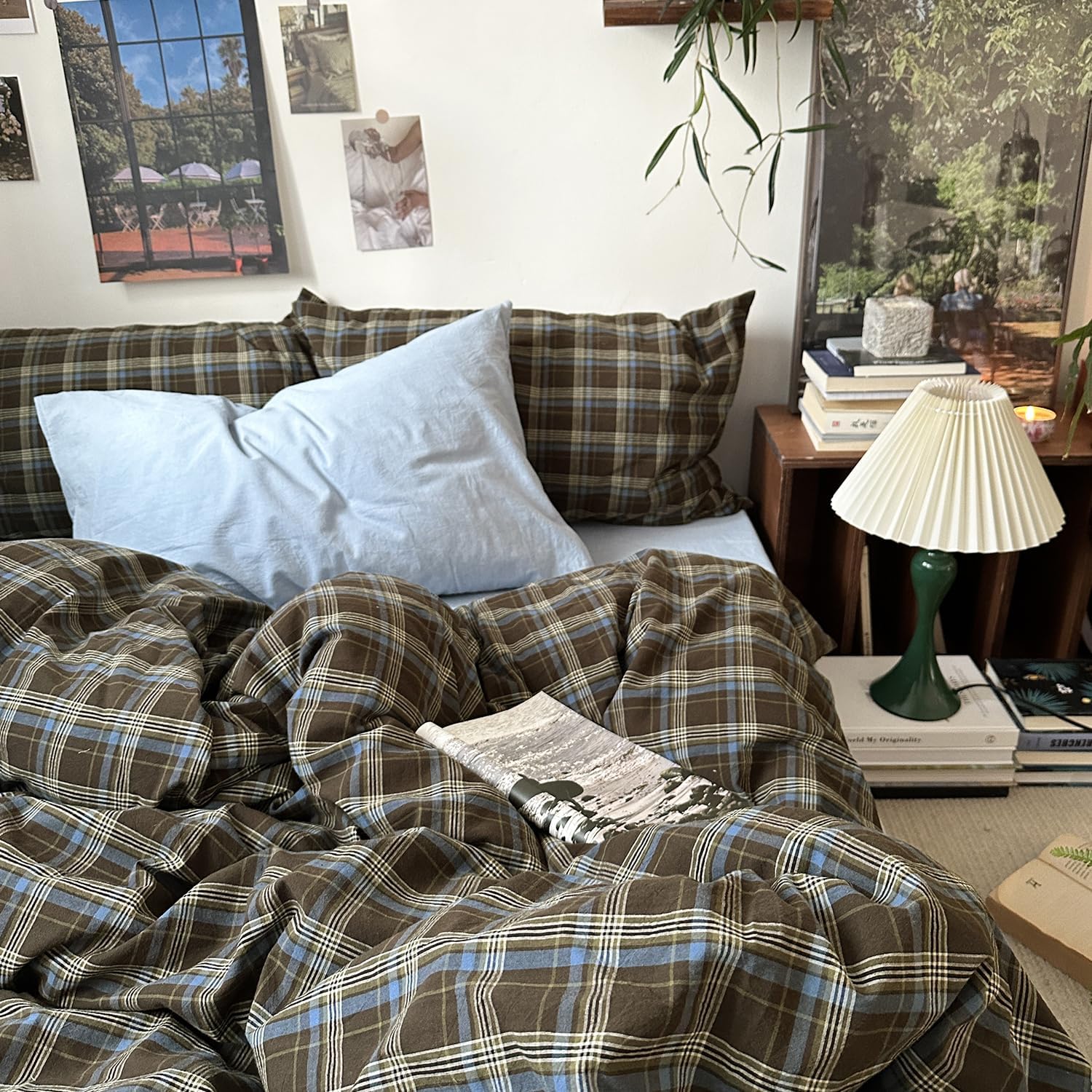 Mixinni Vintage Buffalo Plaid Duvet Cover Set - Soft & Breathable 3-Piece Queen Bedding in Brown & Blue