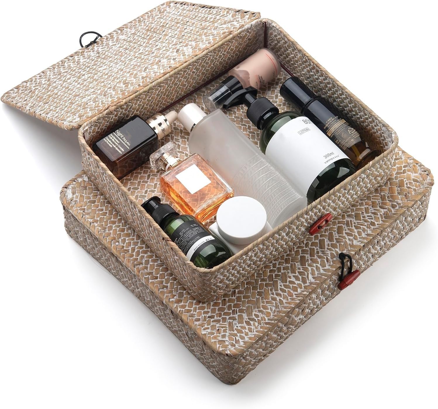Seagrass Storage Baskets - Decorative Wicker Baskets with Lid for Organizing | Whitewash Finish