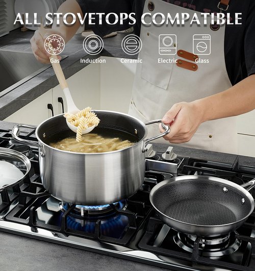 KOCH SYSTEME CS Tri-ply Stainless Steel Stock Pot, 8-Quart Nonstick Hybrid 18/10 Stainless Steel Pot with Lid, Soup Pots with Nonstick Honeycomb Interior, Compatible with All Cooktops, Oven Safe