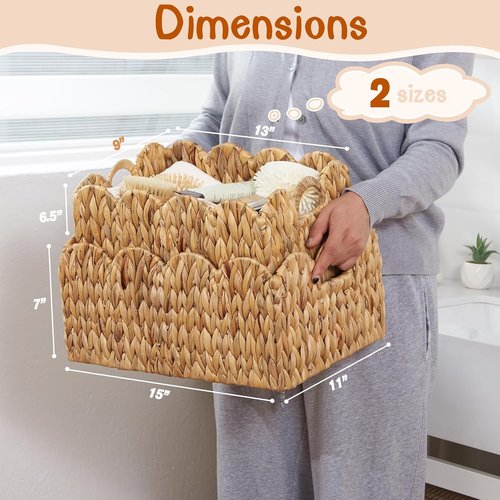 FairyHaus Wicker Storage Baskets - Handwoven Scalloped Design with Handles | 2-Pack, Natural Water Hyacinth, Large & Small