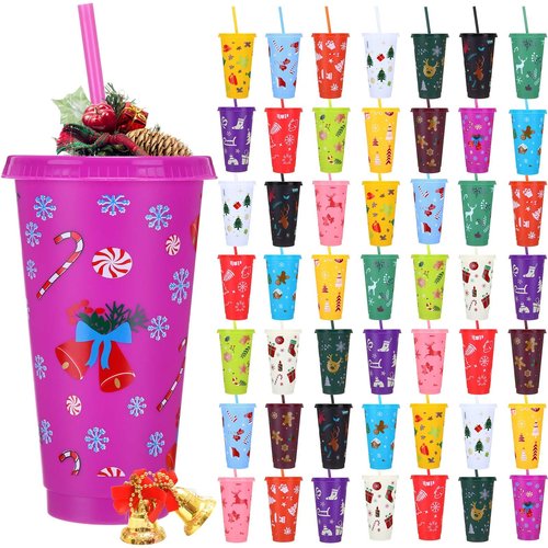 Honeydak 50 Pcs 24oz Christmas Cup Bulk Gift Tumbler with Straw and Lid Coffee Cups with Lids Holiday Gifts Bulk Reusable Plastic Water Bottle Iced Coffee Travel Mug for Party Birthdays