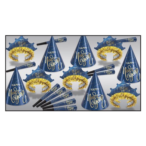 Beistle Midnight Blue New Year Party Kit for 10 – Celebration Set of NYE Accessories, Cone Hats, Fringed Tiaras & Foil Horns, Elegant Metallic Navy & Gold New Year’s Eve Countdown Headwear Supplies
