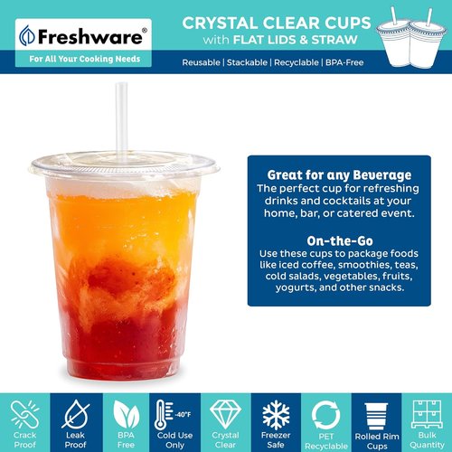 Freshware 12 oz Clear Disposable Plastic Cups - Heavy-Duty Tumblers with Flat Lids & Straws | 100 Pack for Parties