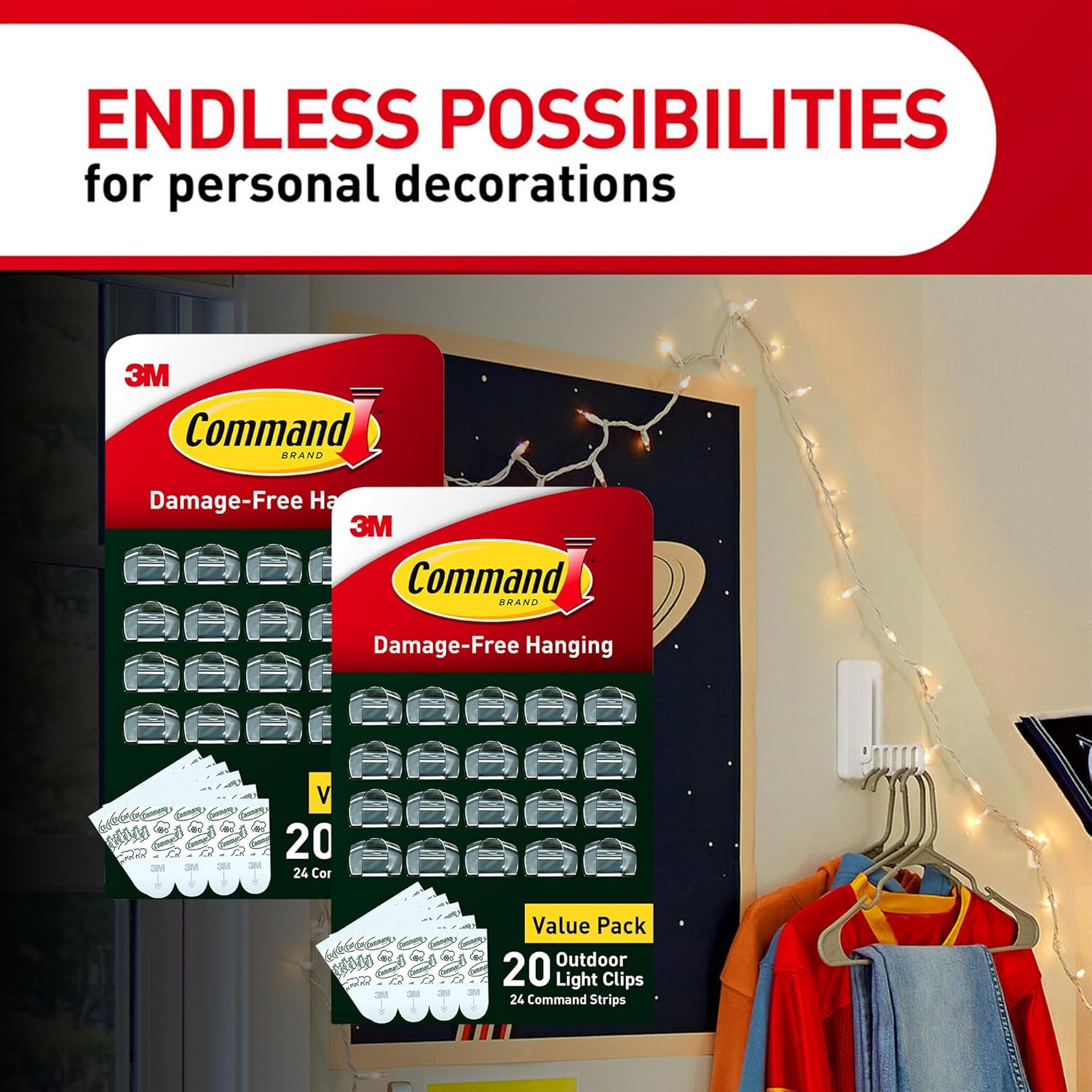 Command Outdoor Light Clips - 40 Clear Clips & 48 Strips | Damage-Free Hanging & Weather-Resistant Design
