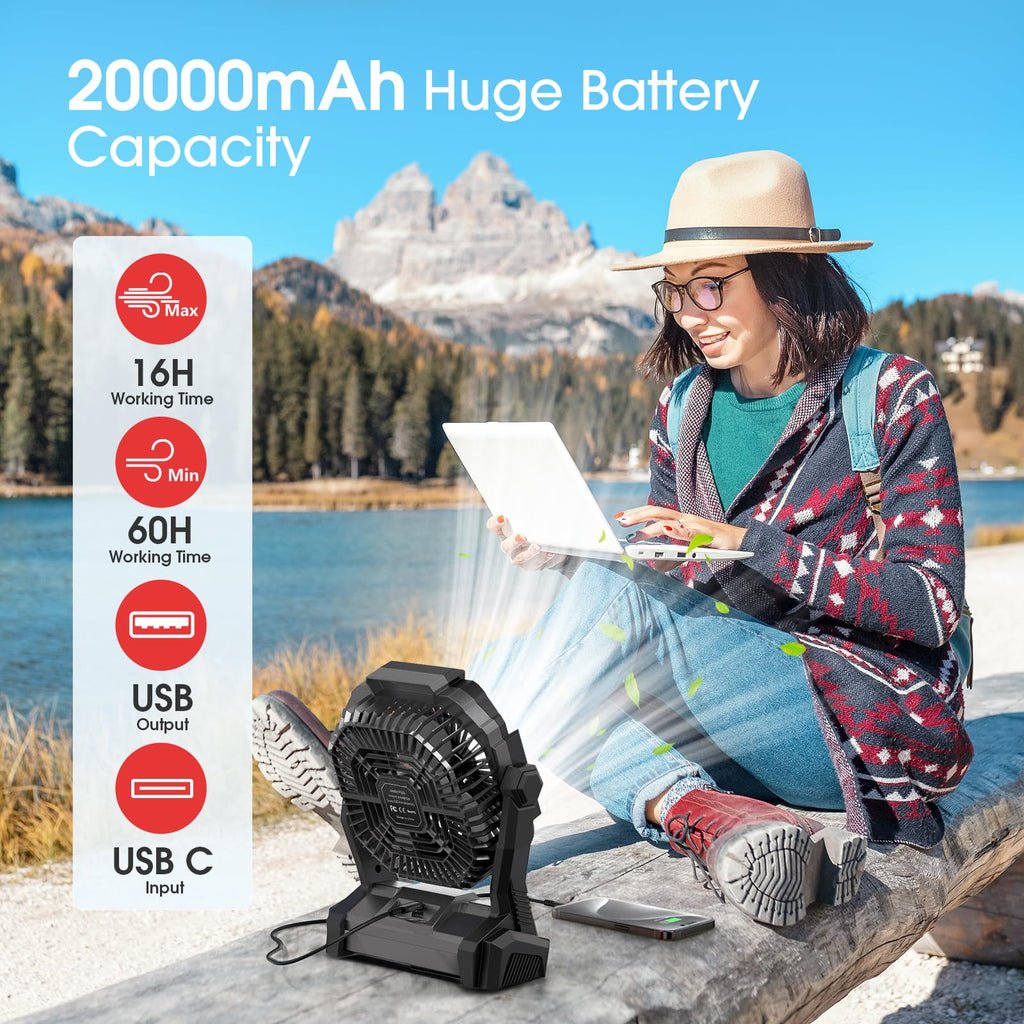 ONLYNEW Portable Fan Rechargeable, 20000mAh Cordless Battery Powered Fan with LED Lantern, USB C Battery Operated for Travel Bedroom Home Camping Tent Office Beach Desk Fishing Table (Black)