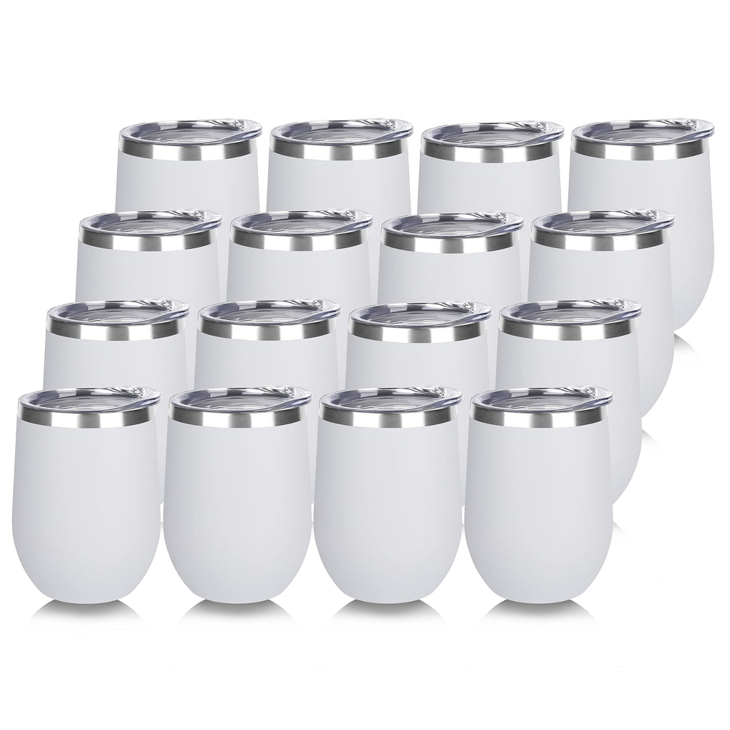 DOMICARE Stainless Steel Wine Tumbler Bulk with Lid, Personalized White Insulated Tumblers Set, 12oz Travel Coffee Cups Pack of 16