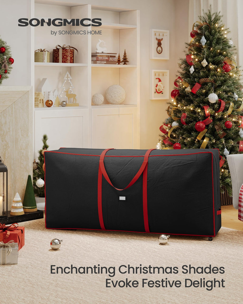 SONGMICS Christmas Tree Storage Bag with 1.6-Inch Wheels, Rolling Storage Bag, up to 9 ft, For Disassembled Holiday Tree, Length-Adjustable Handles, 600D Oxford Fabric, Ink Black URXS004B01