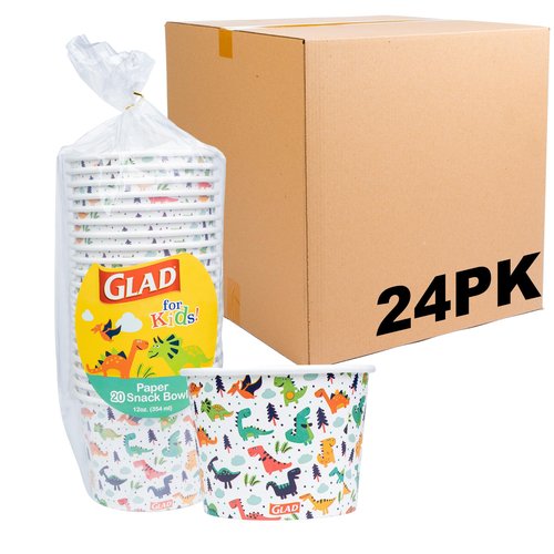 Glad for Kids Dinosaurs Paper Snack Bowls, Colorful Heavy Duty Microwave Safe Disposable Bowls for Soup, Ice Cream, and Snacks, Lids Not Included, Multicolor, Party Pack, 12 Oz, 20 Count - 24 Pack